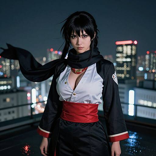 Nighttime cityscape photograph of a black-haired woman in a white blouse with deep cleavage, black scarf, red obi, and black pants,