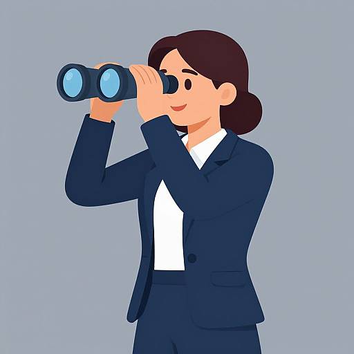 Digital illustration of a smiling woman in a navy suit, white shirt, holding black binoculars, looking through them against a light blue background.