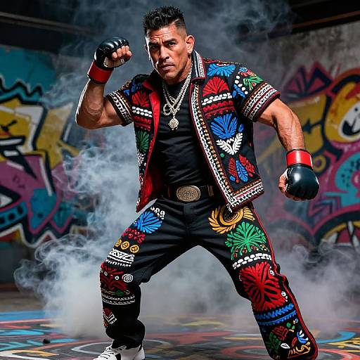 Photograph of a muscular, tattooed man with short black hair, wearing colorful, patterned martial arts outfit, gloves, and necklace, posing in