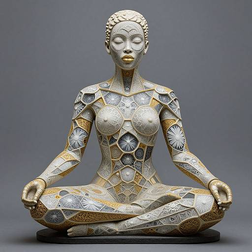 Photograph of a silver-toned, intricately patterned, female Buddha statue with golden accents, sitting cross-legged in a meditative pose against a