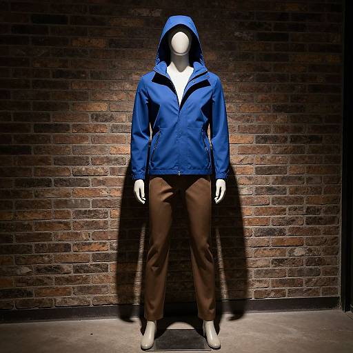 Photograph of a faceless mannequin wearing a blue hooded jacket, brown pants, and white shoes, standing against a dark brick wall.