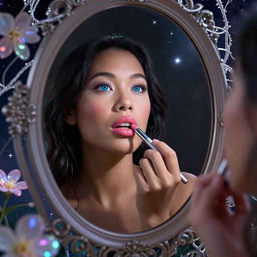 Photograph of a woman with striking blue eyes, applying pink lipstick in an ornate, flower-adorned mirror against a starry night background.