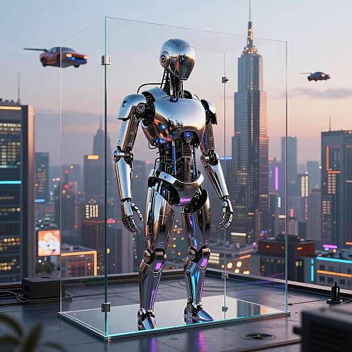 Photograph of a shiny, futuristic robot statue in a glass case on a rooftop, with a cityscape and flying drones at sunset in the background.