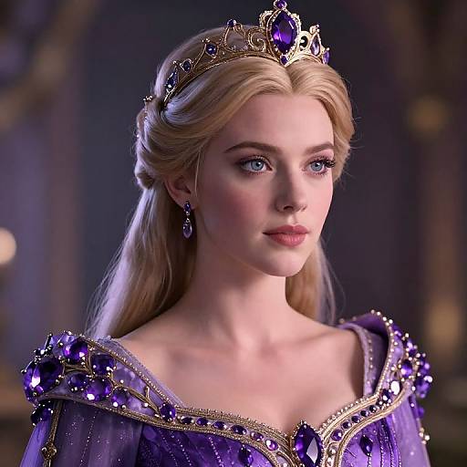Digital art of a fair-skinned, blonde princess with blue eyes, wearing a purple and gold tiara, matching dress, and earrings, in a