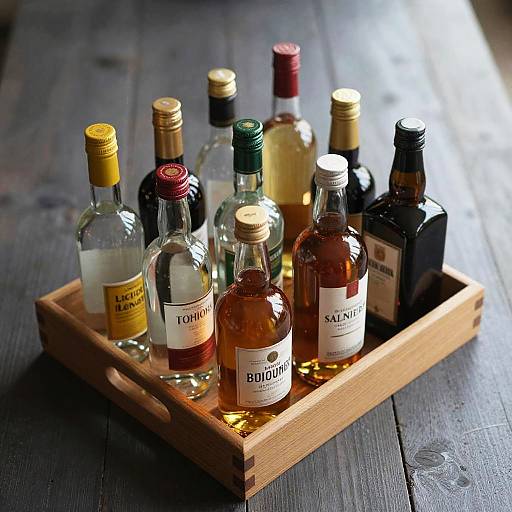 Colorful Liquor Bottles on Wooden Tray