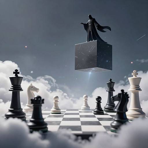 Digital artwork of a silhouetted figure with flowing cloak, standing on a floating cube, hovering above a chessboard surrounded by clouds. Dark,