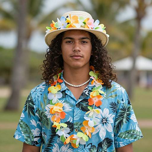 Dark-Skinned Male in Hawaiian Outfit