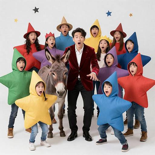 Playful Gathering with Velvet Jacket and Donkey