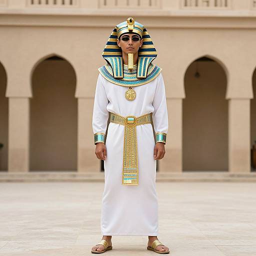 Photograph of an Egyptian pharaoh costume: man in white robe, striped nemes headpiece, gold belt, necklace, sandals, standing in front