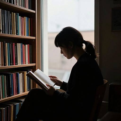 Silhouetted woman with ponytail reading book in library, sitting beside colorful bookshelf, bright window behind her. Photograph.