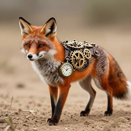 Photograph of a red fox with a mechanical, clockwork-patterned harness, standing on sandy terrain, with a blurred, earthy background.