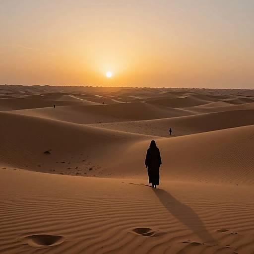Silhouetted figure in traditional robes walks through golden desert at sunset, with rippled sand and distant hikers, under a glowing orange sky.