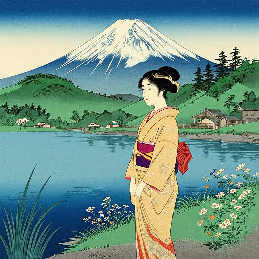 Digital illustration of a Japanese woman in a yellow kimono with red obi, standing by a lake, with Mount Fuji and green hills in the background