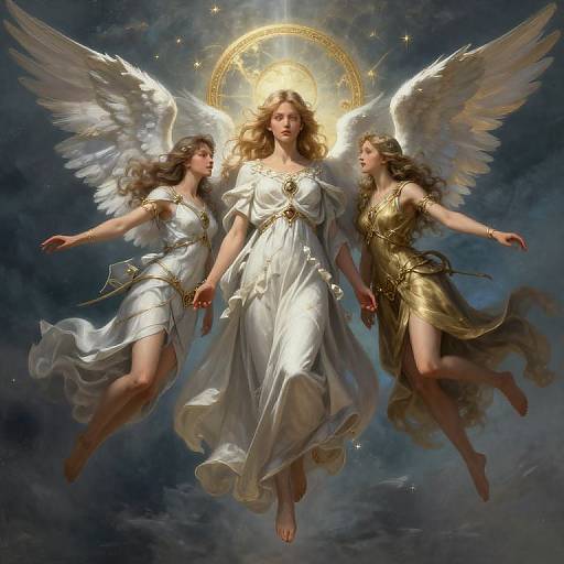 Digital painting of three angelic women with white and gold wings, floating in a starry sky, centered around a glowing halo.