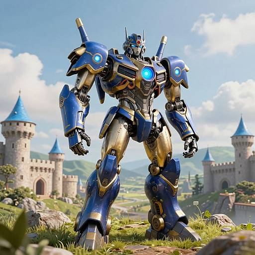 Photorealistic CGI of a blue and gold robotic knight with glowing blue eyes standing in a sunlit, medieval castle landscape.