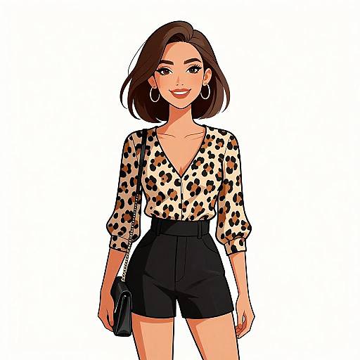 Stylish woman in leopard print blouse and black shorts