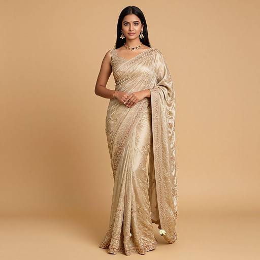 Photograph of a beautiful South Asian woman with dark hair, wearing a gold, intricately patterned, one-shoulder saree, standing against