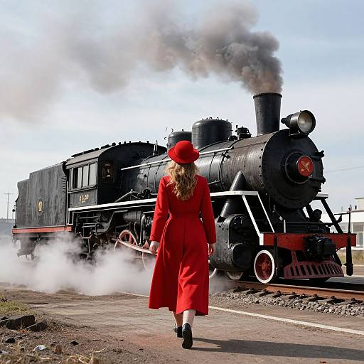 Photograph of a blonde woman in a red coat and hat, walking away from a black steam locomotive with smoke, on a railway track.