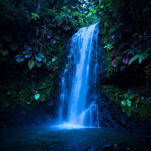 Photograph of a vibrant, glowing blue waterfall cascading through a lush, dark forest with illuminated green and purple foliage.