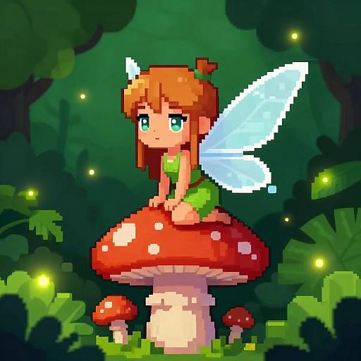 Mischievous Pixie on Mushroom Pixel Art