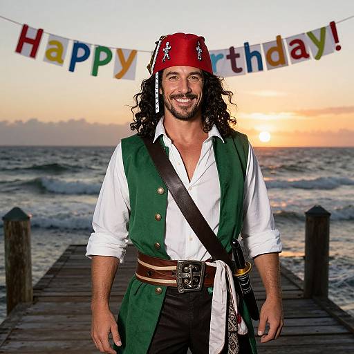 Photograph of a smiling man with curly hair, pirate costume, red hat, green vest, white shirt, standing on wooden pier at sunset, 