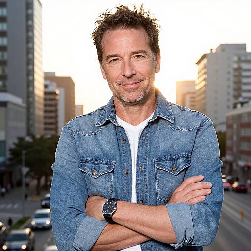 Confident Middle-Aged Man at Sunset Cityscape