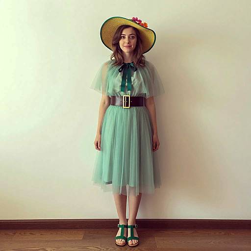 Young Woman in Elegant Green Tulle Dress and Floral Hat
