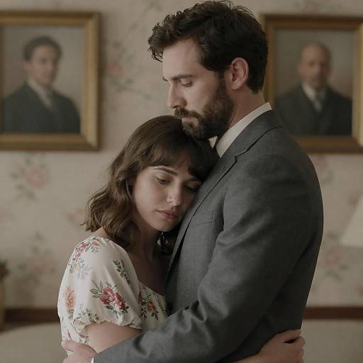 Somber Embrace in Floral Living Room