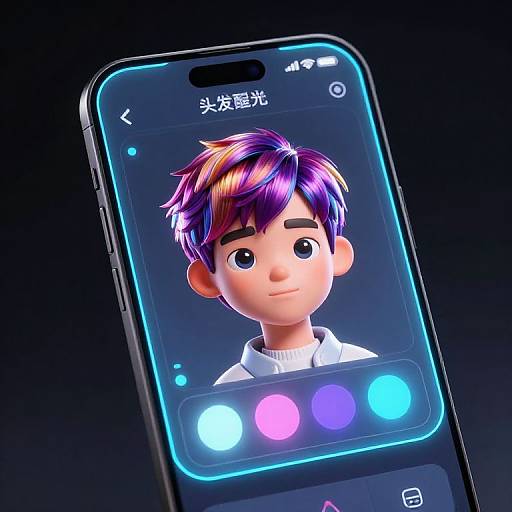 CGI image of a smartphone with a glowing, colorful, cartoon-style boy's face on the screen, showing three illuminated buttons.