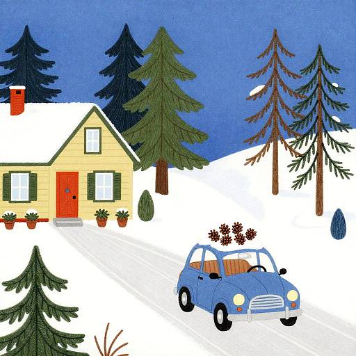 Digital drawing of a yellow house with red door, surrounded by snow-covered ground, blue car in driveway, and dark green pine trees under a bright blue