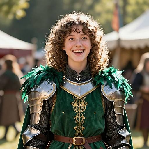 Photograph of a smiling young woman with curly brown hair, wearing medieval armor with green feathered shoulders, at an outdoor festival.