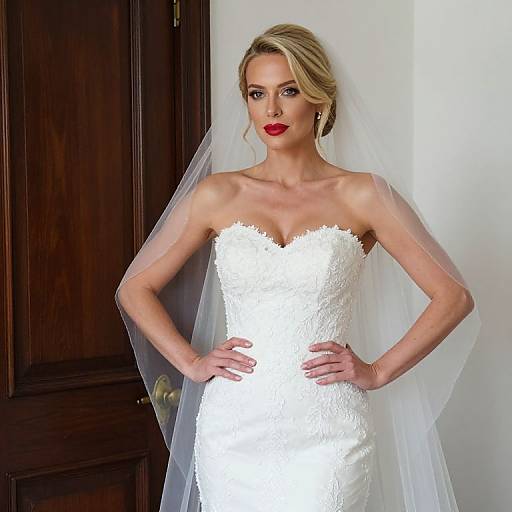 Photograph of a blonde bride with red lipstick, wearing a white strapless lace wedding dress and veil, standing against a wooden door.