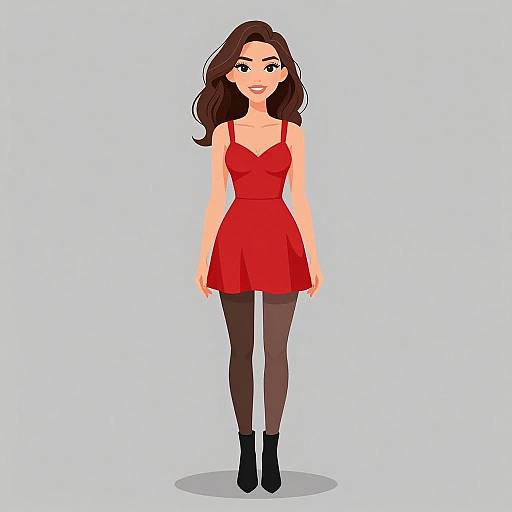 Digital illustration of a smiling woman with long brown hair, wearing a red dress, black tights, and black ankle boots, standing on a light blue