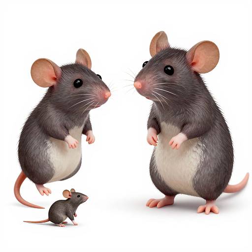 Photorealistic digital illustration of two adult black rats with pink ears and paws, and one small black rat, all against a white background.