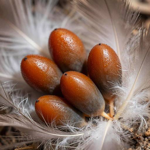 Close-up photograph of shiny, brown acorn-like seeds nestled in a delicate, white feather with bright highlights, creating a textured, natural contrast.