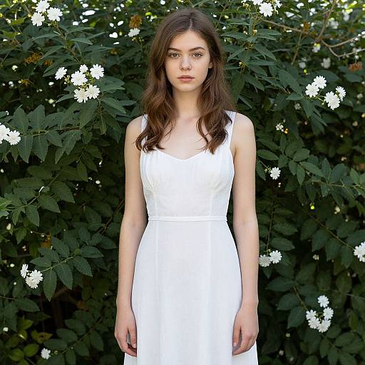 Photograph of a young woman with fair skin and brown hair, wearing a sleeveless white dress, standing in front of a lush green bush with white