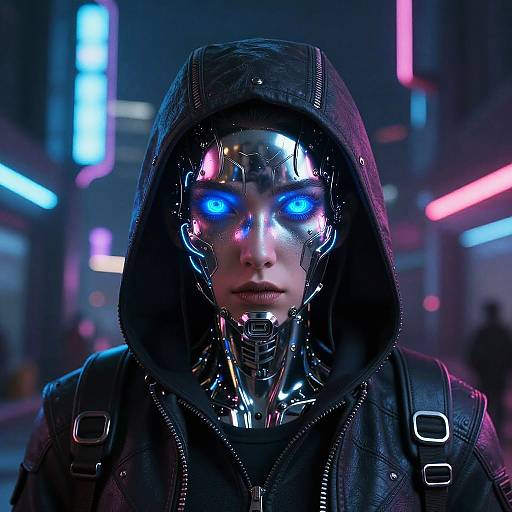 Cyberpunk close-up: Hooded man with reflective, glowing blue and pink cyberface, black leather jacket, neon-lit urban background. Phot