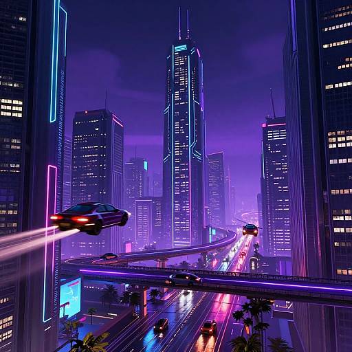 Neon-lit, futuristic cityscape at night with towering skyscrapers, glowing purple and blue lights, speeding cars, and palm trees on busy