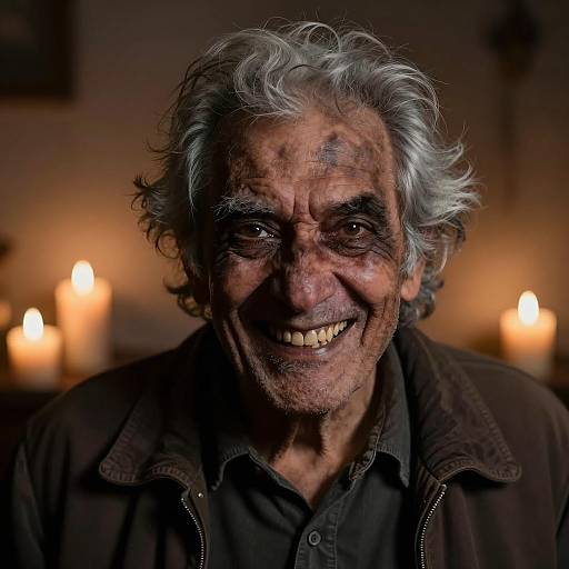 Elderly Man with Wild Gray Hair and Candlelight