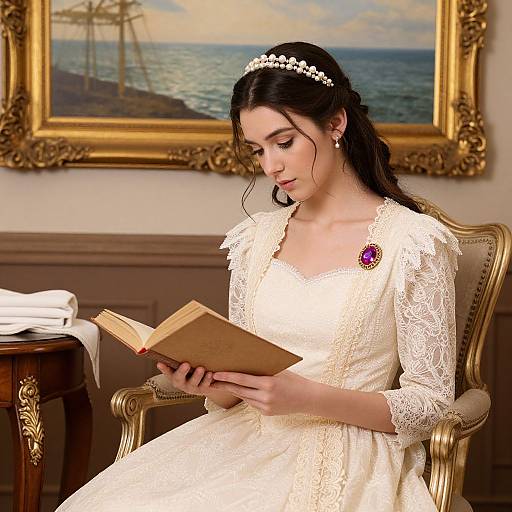 Photograph of a fair-skinned woman with dark hair, wearing a white lace dress and pearl tiara, reading a book in an elegant room with