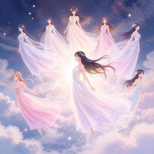 Digital anime artwork of seven ethereal women in flowing white and pink dresses, floating against a bright, starry sky.