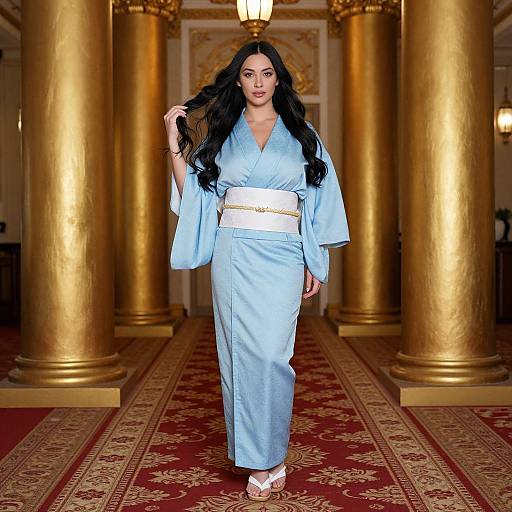 Photograph of a confident Asian woman with long black hair, wearing a light blue kimono and white obi, walking down a luxurious hallway with gold