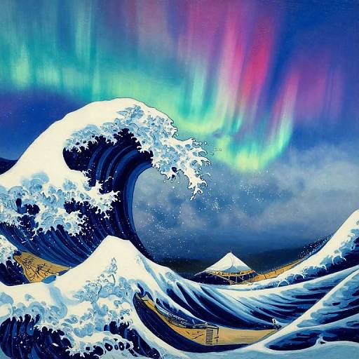 Digital artwork of a snow-covered wave under vibrant Northern Lights, with a distant mountain and boat in the background.
