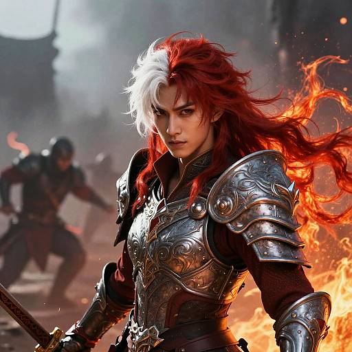 Digital art of a fierce warrior with dual-colored hair (red and white) in ornate silver armor, holding a sword, amidst flames and a blurred