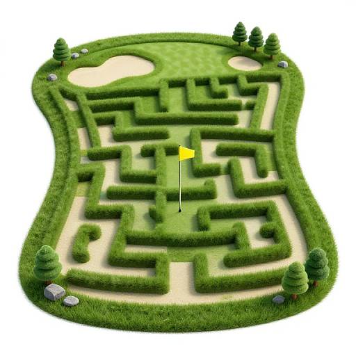 Top-down CGI of a lush, rectangular garden maze with a yellow flag, surrounded by green hedges, trees, and rocks.