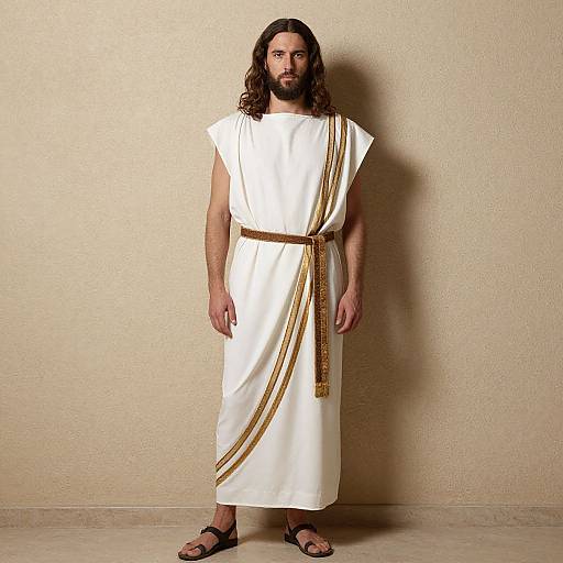 Photograph of a bearded man with long brown hair, wearing a white toga with gold stripes, brown belt, and sandals, standing against a