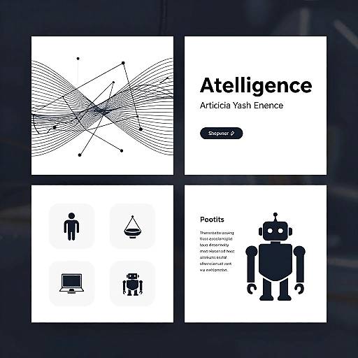 Digital graphic design: four black-and-white illustrations with minimalistic icons and text. Includes radiating lines, stick figures, and a robot. Labels 