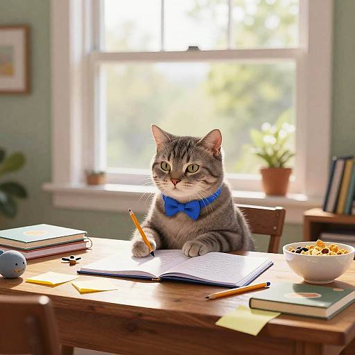 Gray Tabby Cat Studying at Cozy Desk
