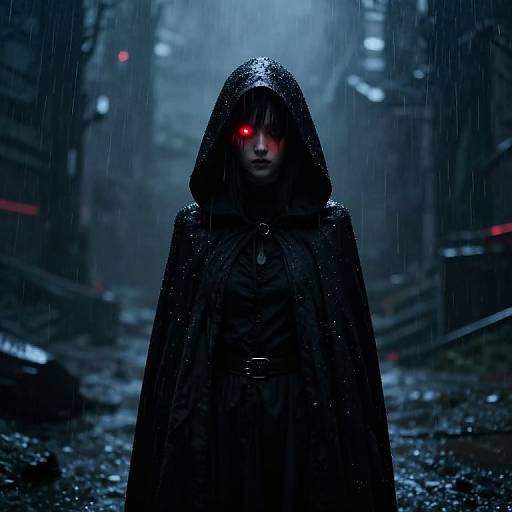 Photograph-style digital art: Dark, hooded figure with glowing red eyes stands in a rain-soaked, neon-lit, urban alleyway at