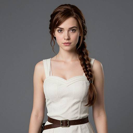 Photograph of a young woman with fair skin, brown hair in a braid, wearing a white, sleeveless, empire-waist dress with